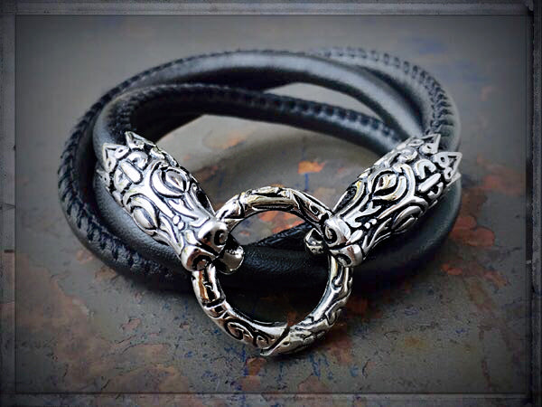 Wickelarmband Halskette Leder Schwarz Krokodilkopf-Verschluss Edelstahl
