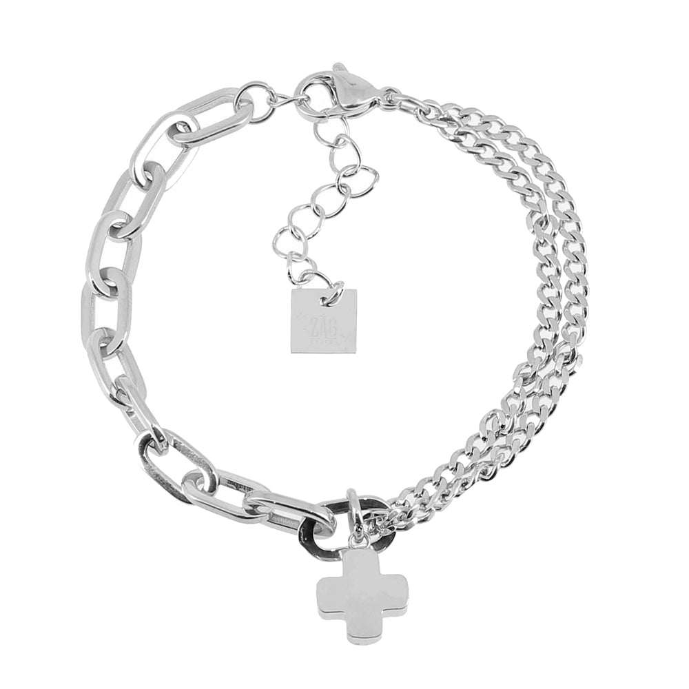 ZAG Bijoux Armband Zweireihig Panzermuster Kreuz-Anhänger Edelstahl Silber