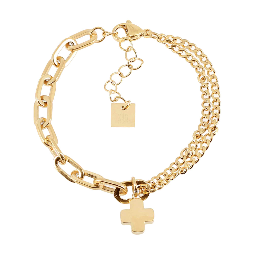 ZAG Bijoux Armband Zweireihig Panzermuster Kreuz-Anhänger Edelstahl Gold Plattiert
