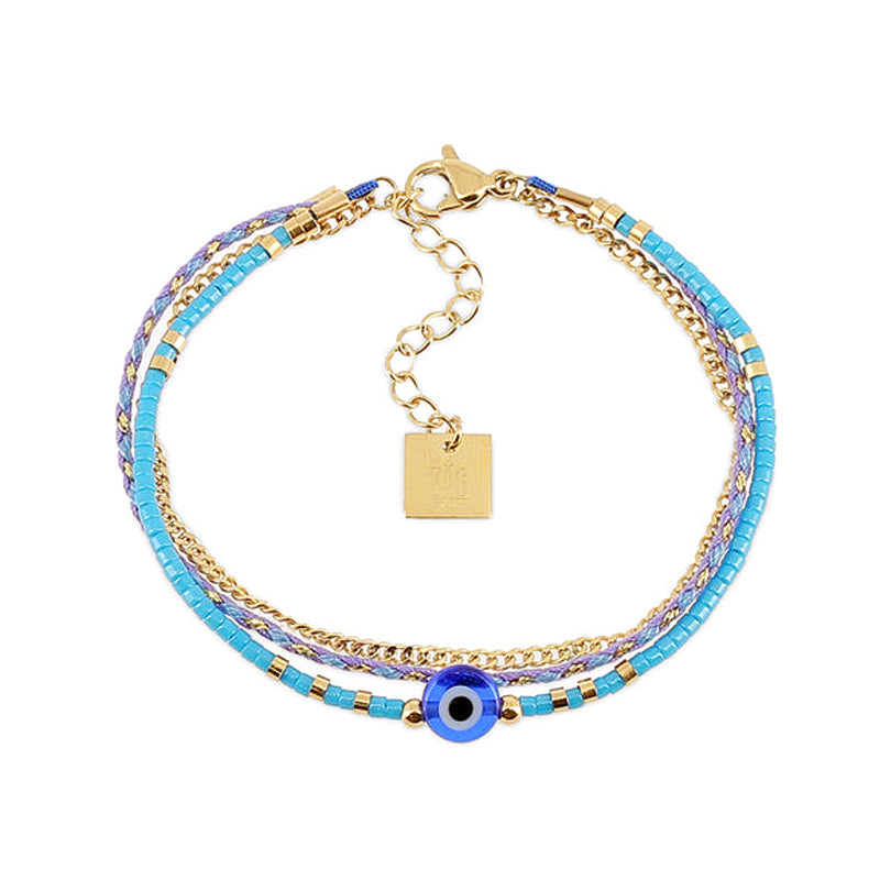 ZAG Bijoux Armband Nazar Eye Dreireihig Perlen Blau Edelstahl Vergoldet