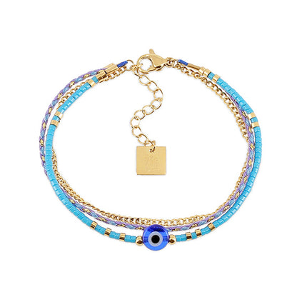 ZAG Bijoux Armband Nazar Eye Dreireihig Perlen Blau Edelstahl Vergoldet