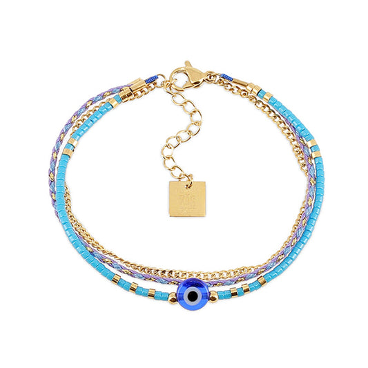 ZAG Bijoux Armband Nazar Eye Dreireihig Perlen Blau Edelstahl Vergoldet