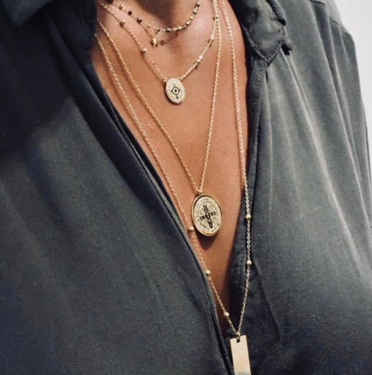 ZAG Bijoux Filigrane Erbskette Kugeln Nazar-Eye-Anhänger Rund Edelstahl Gold Plattiert Layering-Look