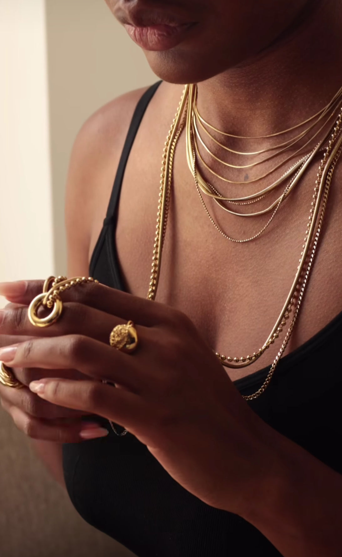 ZAG Bijoux Kette Dreireihig Kugelkette Panzerkette Schlangenkette Ring-Anhänger 90 cm Lang Edelstahl Gold Plattiert Layering-Look