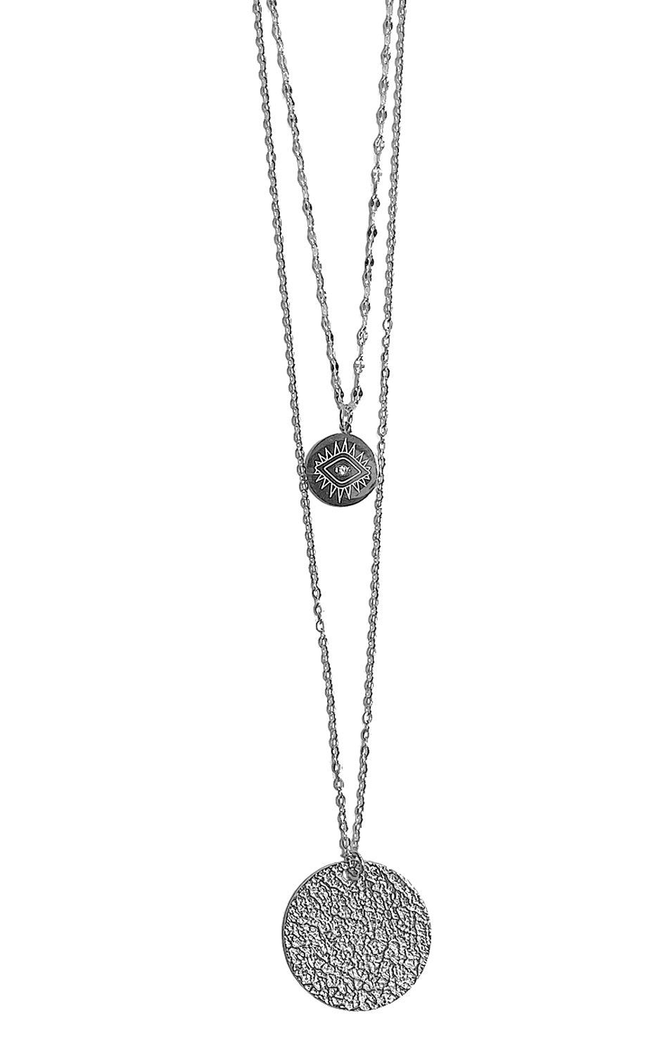ZAG Bijoux Kette Zweireihig Auge-Anhänger Amulett Gehämmert Edelstahl Layering-Look