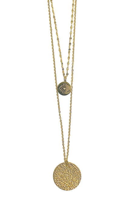 ZAG Bijoux Kette Zweireihig Auge-Anhänger Amulett Gehämmert Gold Plattiert Layering-Look