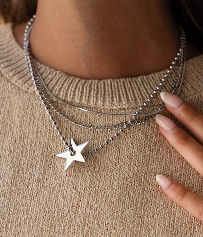 ZAG Bijoux Dreireihige Halskette Panzer- Schlangen- Kugelkette Stern-Anhänger Edelstahl Silber Model