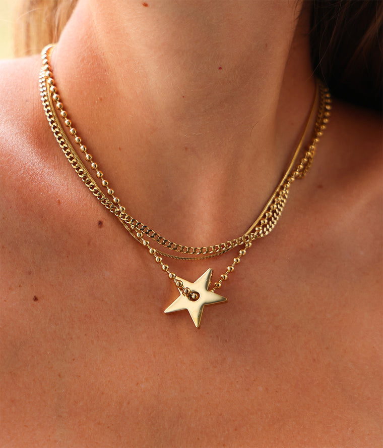 ZAG Bijoux Dreireihige Halskette Panzer- Schlangen- Kugelkette Stern-Anhänger Edelstahl Gold Plattiert Model