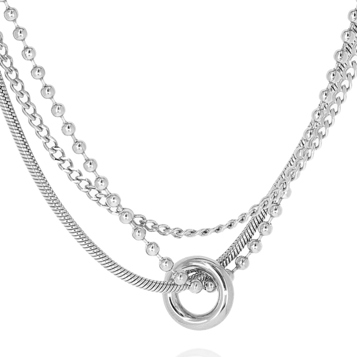ZAG Bijoux Kette Dreireihig Kugelkette Panzerkette Schlangenkette Ring-Anhänger 42 cm Edelstahl Silber Plattiert Detail