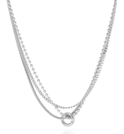 ZAG Bijoux Kette Dreireihig Kugelkette Panzerkette Schlangenkette Ring-Anhänger 42 cm Edelstahl Silber Plattiert