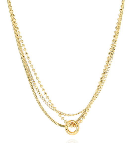 ZAG Bijoux Kette Dreireihig Kugelkette Panzerkette Schlangenkette Ring-Anhänger 42 cm Edelstahl Gold Plattiert