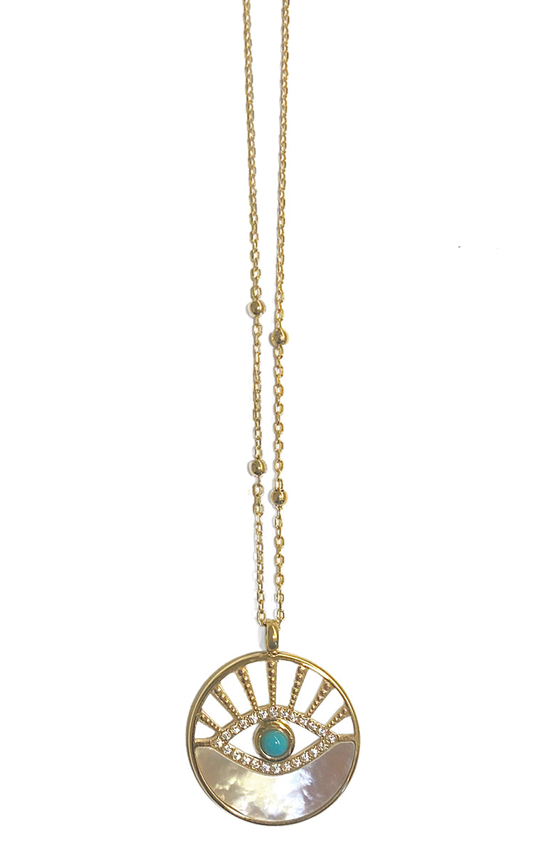 ZAG Bijoux Kette Nazar Eye Anhänger Rund Türkis Perlmutt Pavé Zirkonia 50 cm Lang Edelstahl Gold Plattiert