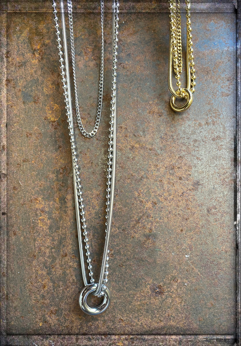ZAG Bijoux Ketten Dreireihig Kugelkette Panzerkette Schlangenkette Ring-Anhänger 42 cm 90 cm Lang Edelstahl Silber Plattiert