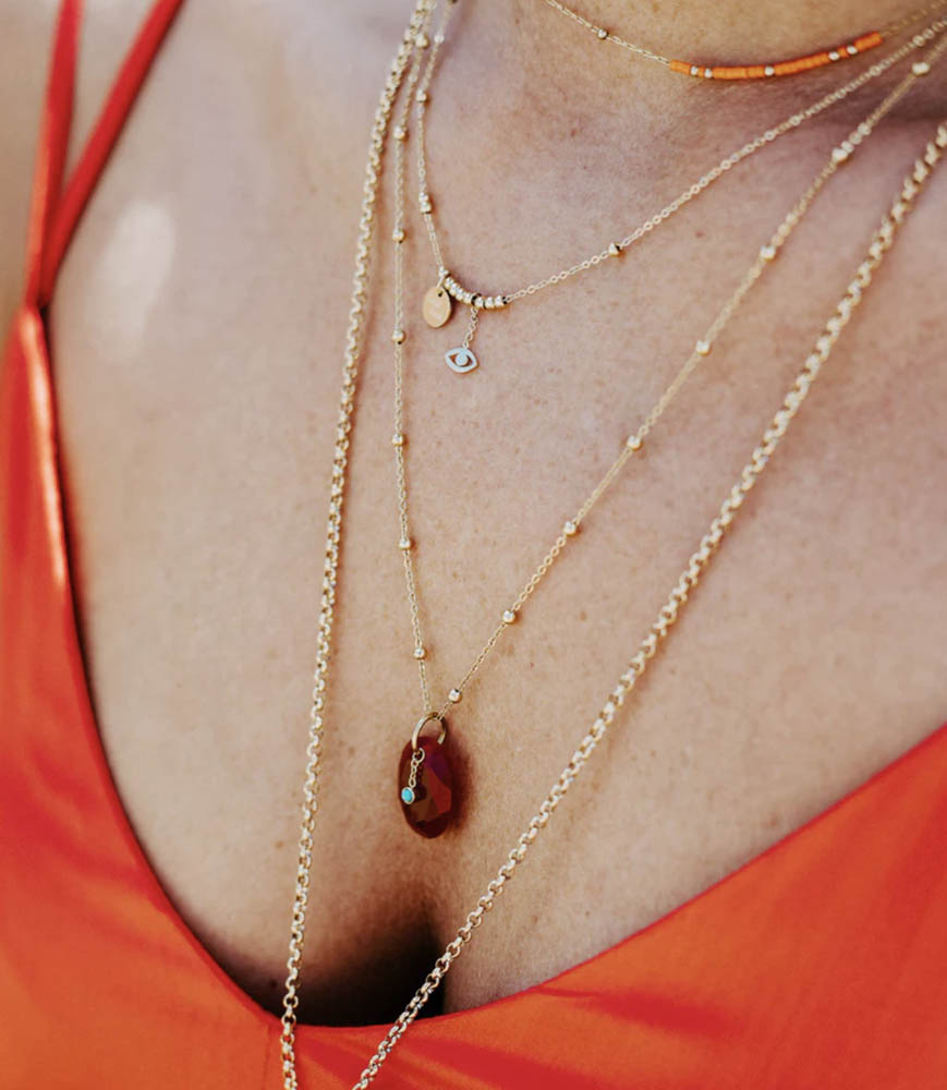ZAG Bijoux Kugelkette Naturstein-Anhänger Edelstahl Gold Plattiert Layering-Look
