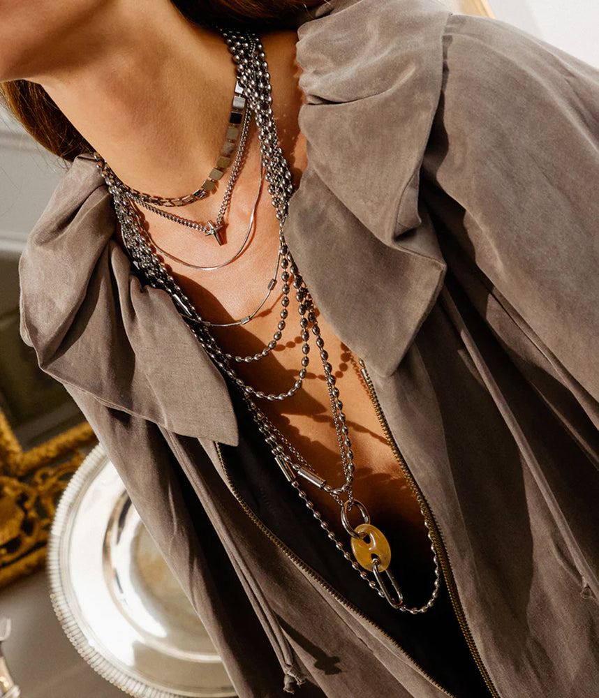 ZAG Bijoux Lange Statement Kette Partinello Ovales Erbsmuster Röhren-Elemente Edelstahl Model