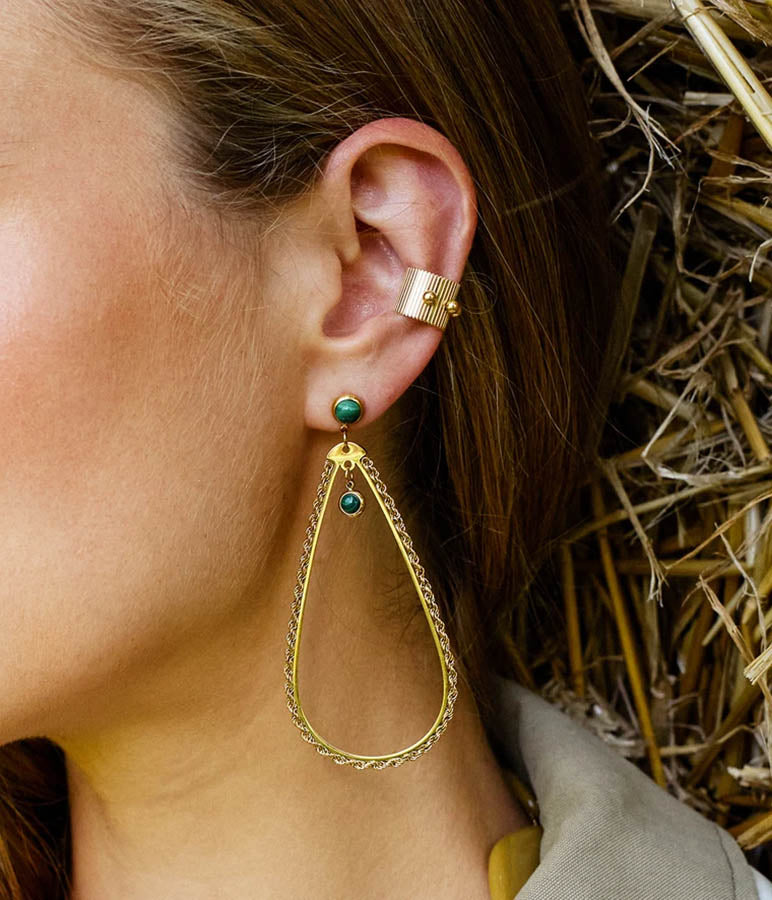 ZAG Bijoux Ohrringe Malachit Grün Tropfen-Anhänger Ketten-Detail Gold Plattiert Boho-Style Model