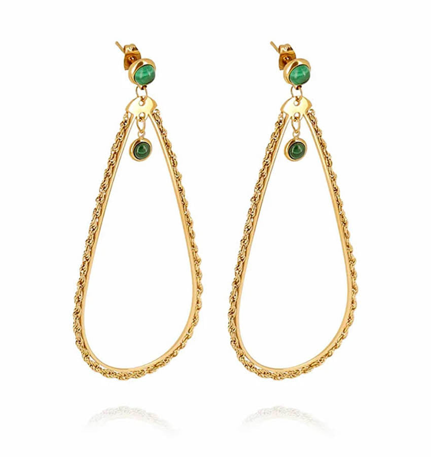 ZAG Bijoux Ohrringe Malachit Grün Tropfen-Anhänger Ketten-Detail Gold Plattiert Boho-Style