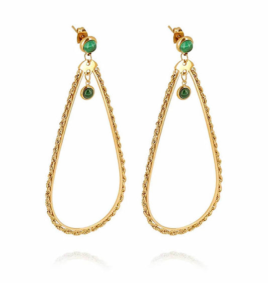 ZAG Bijoux Ohrringe Malachit Grün Tropfen-Anhänger Ketten-Detail Gold Plattiert Boho-Style