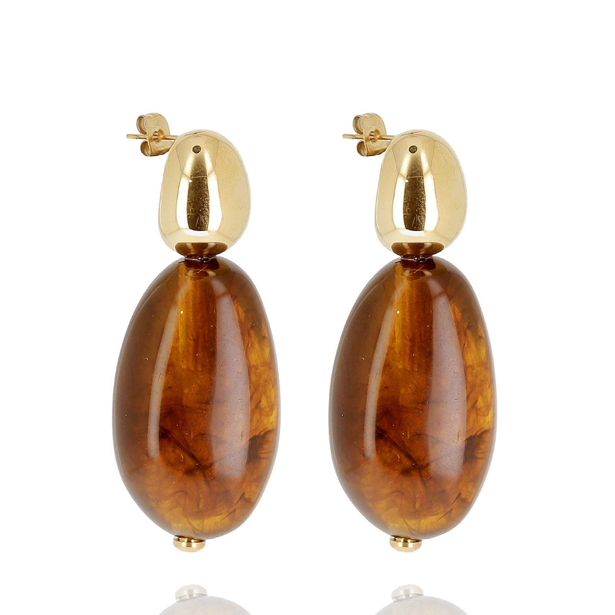 ZAG Bijoux Ohrringe Resin-Tropfen Amber Braun Edelstahl Gold Plattiert