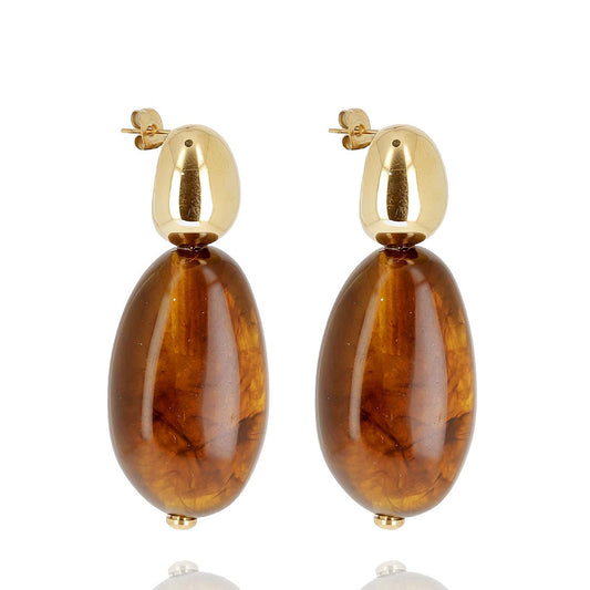 ZAG Bijoux Ohrringe Resin-Tropfen Amber Braun Edelstahl Gold Plattiert