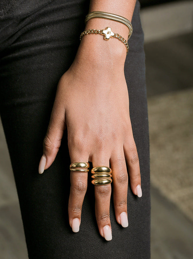 ZAG Bijoux Ring Dreireihig Breit Edelstahl Gold Plattiert Stacking-Look