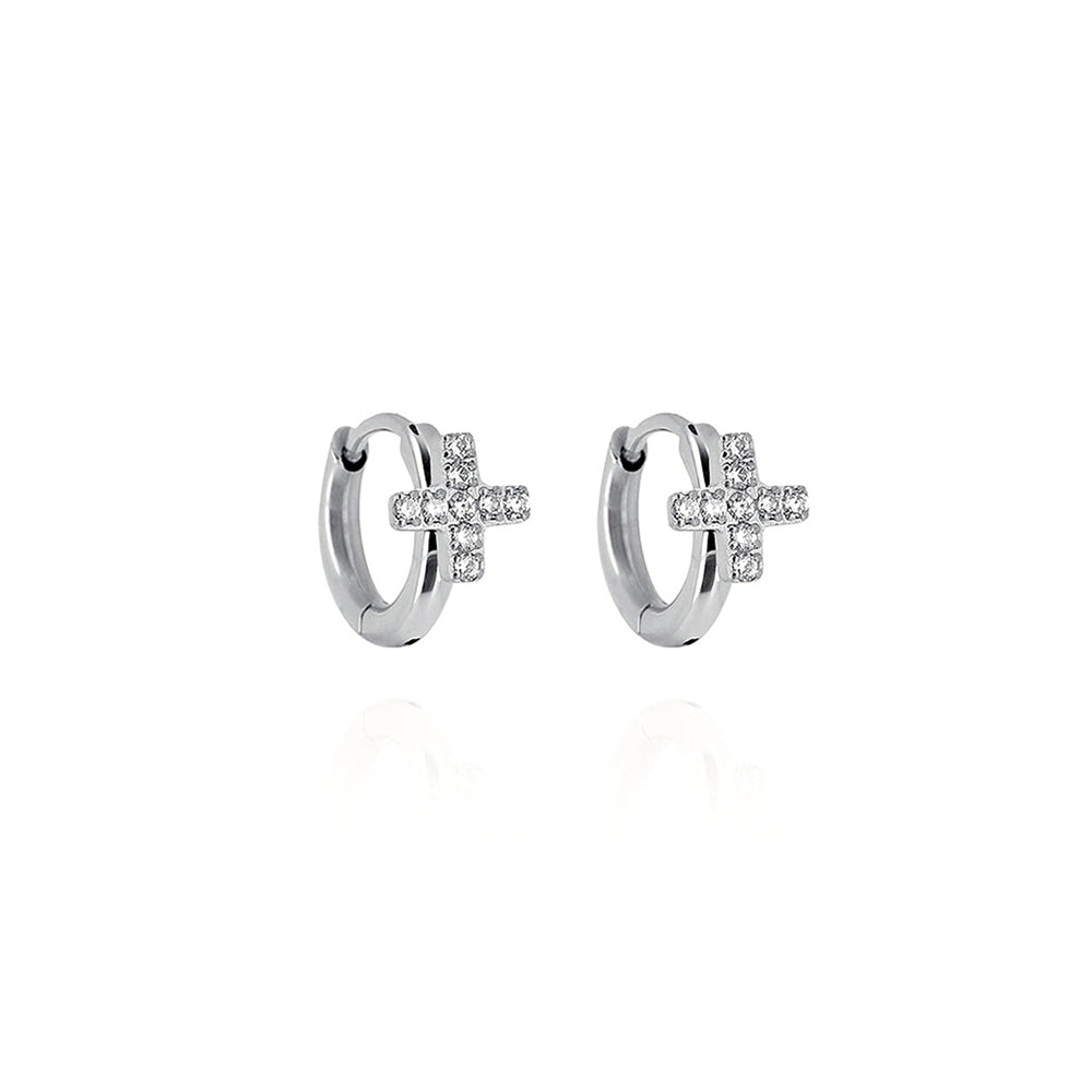 ZAG Bijoux Scharniercreolen Mahaut Small Edelstahl Silber Plattiert Kleines Kreuz Pavé-Zirkonia Ear-Stacking