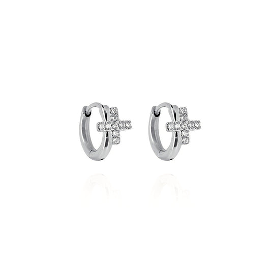 ZAG Bijoux Scharniercreolen Mahaut Small Edelstahl Silber Plattiert Kleines Kreuz Pavé-Zirkonia Ear-Stacking