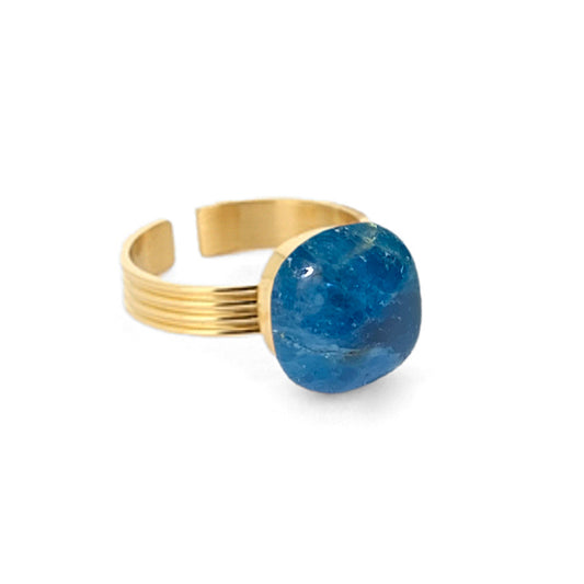 ZAG Bijoux Steinring Apatit Blau Cabochon Edelstahl Gold Plattiert Größenverstellbar
