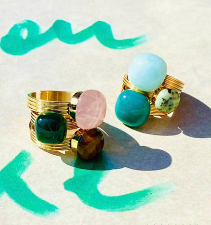 ZAG Bijoux Steinringe Cabochon Vergoldet Edelstahl Größenverstellbar Stacking-Look