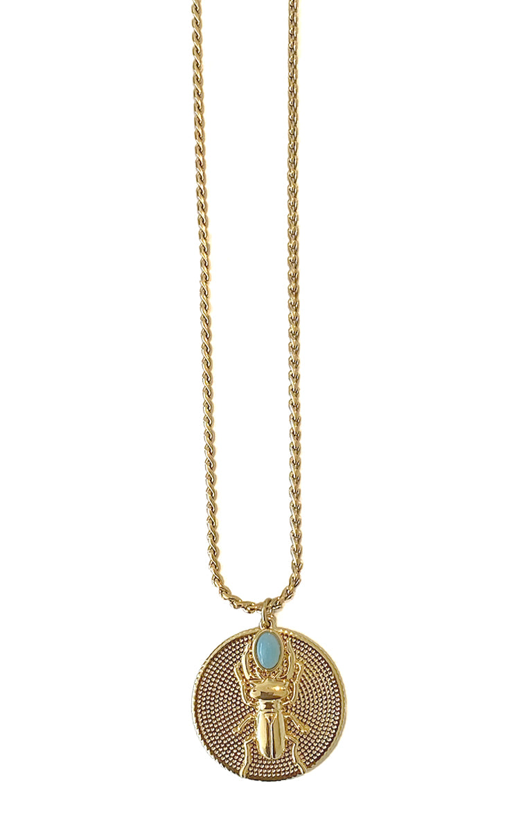 ZAG Bijoux Zopfkette Anhänger Rund Skarabäus Aquamarin Edelstahl Gold Plattiert 70 cm Lang