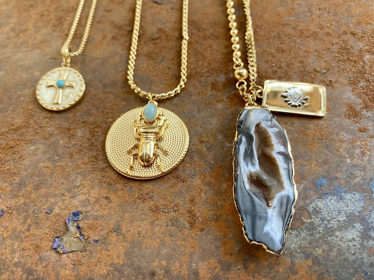 ZAG Bijoux Zopfkette Anhänger Rund Skarabäus Aquamarin Edelstahl Gold Plattiert Layering-Look
