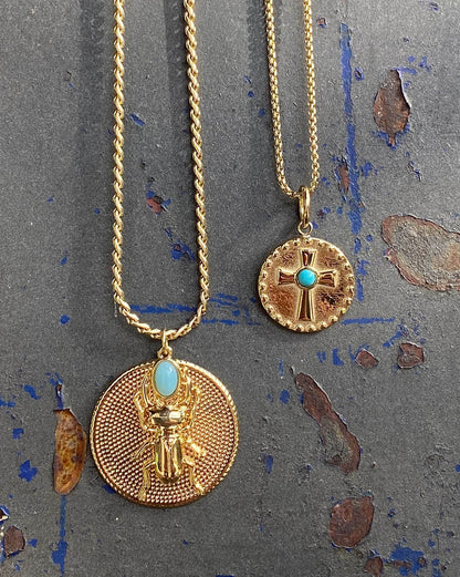 ZAG Bijoux Zopfkette Anhänger Rund Skarabäus Aquamarin Kreuz Türkis Gold Plattiert
