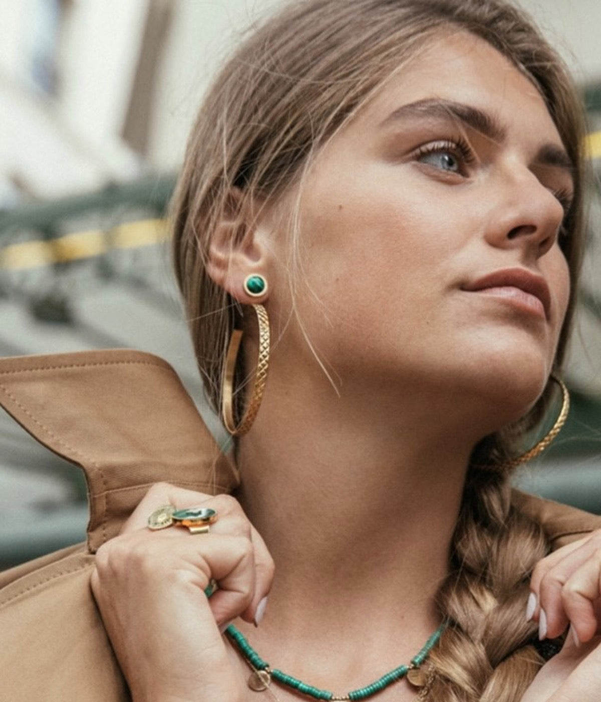 ZAG Bijoux Creolen Boho Strukturiert 6 cm Afrikanischer Türkis Edelstahl Vergoldet Model